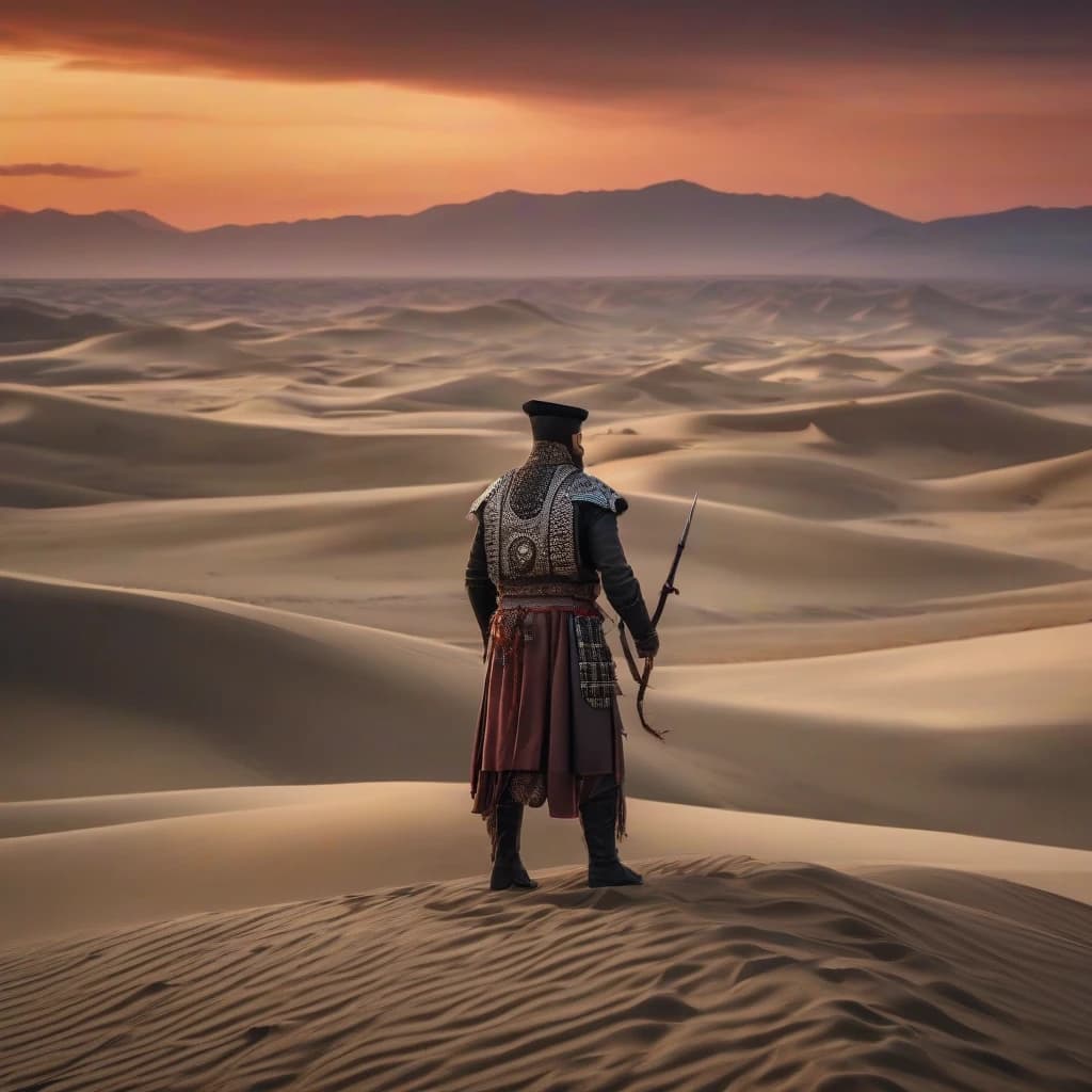 A Kyrgyz hero in national armored clothing stands on top of a dune during sunrise. Male hero, 35-40 years old. Black hair with a beard, courageous and self-confident. There is a large hood on the head. Hero of Kyrgyz nationality. Add some Kyrgyz national patterns to your clothes.
