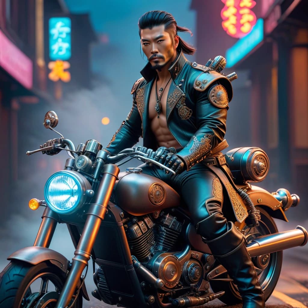 Steampunk cowboy samurai sits on a neon motorcycle