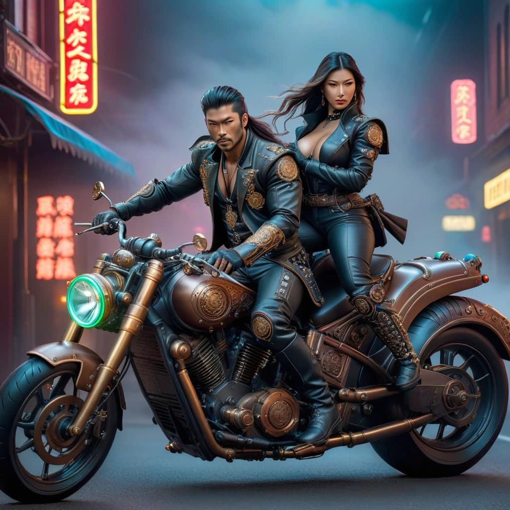 Steampunk cowboy samurai sits on a neon motorcycle