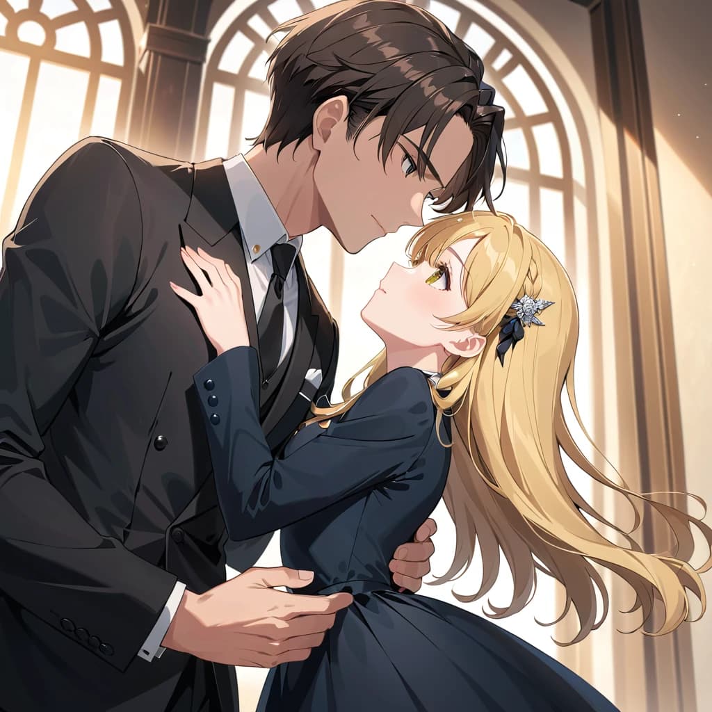 A dark-haired man in a classic suit touches a blonde girl in a black dress by the chest