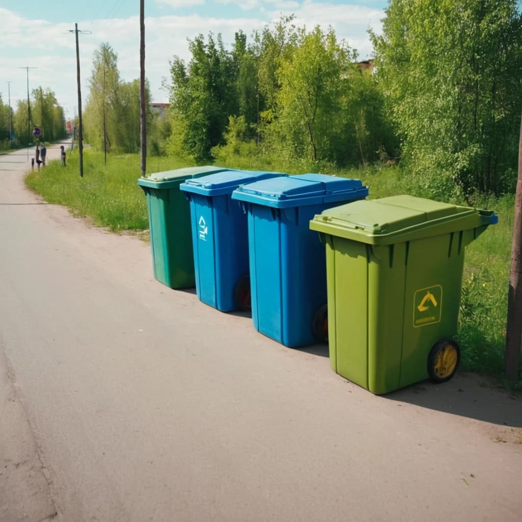 На светлой чистой улице  российского города без машин установлены три мусорных пластиковых контейнера желтого, синего и зеленого цвета на 120 литров для раздельного сбора мусора