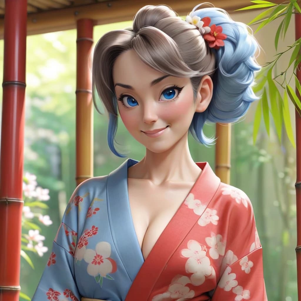 masterpiece, best quality, a mature sexy woman in shine red yukata posing in front of bamboo rails, 1girl, solo, japanese clothes, yukata, tied-up hairstyle, floral hair ornament, smile,mature woman, sales lady, blue hair, wavy hair, ponytail, medium breasts, long-slitted and narrow eyes, brown eyes, slender face,