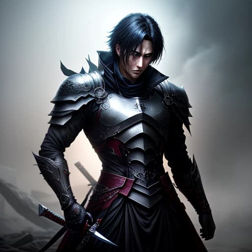 anime character guy, a dark aura envelops him, he is sad, he holds a sword in his hand and behind him is the devastation after the battle, he is on his knees, very angry