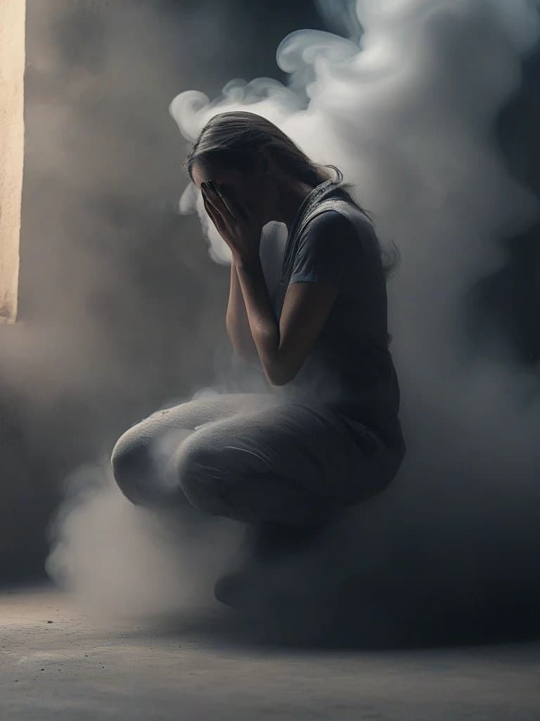 Grey thick smoke in smooth tones depicts a melting figure of a woman against a wall background with smoke streaming down it, holding onto her own self. The woman is kneeling and crying loudly, a dramatic expression on his face. Strong contrast of dramatic colors, 4k, high quality and detail. Flickering light, perfect composition, beautifully detailed intricate insanely detailed octane render trend on artstation, 8 k art photography, photorealistic concept art, soft natural volumetric cinematic perfect light, chiaroscuro, award - winning photograph, masterpiece, oil on canvas, raphael, caravaggio, greg rutkowski, bipple, bexinski, hyger