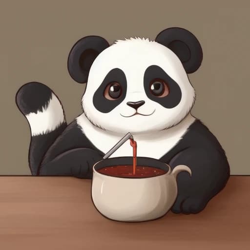 создай ОЧЕНЬ МИЛЫЙ гибрид панды и кота который пьет чай она должна быть похожа на кота в том числе