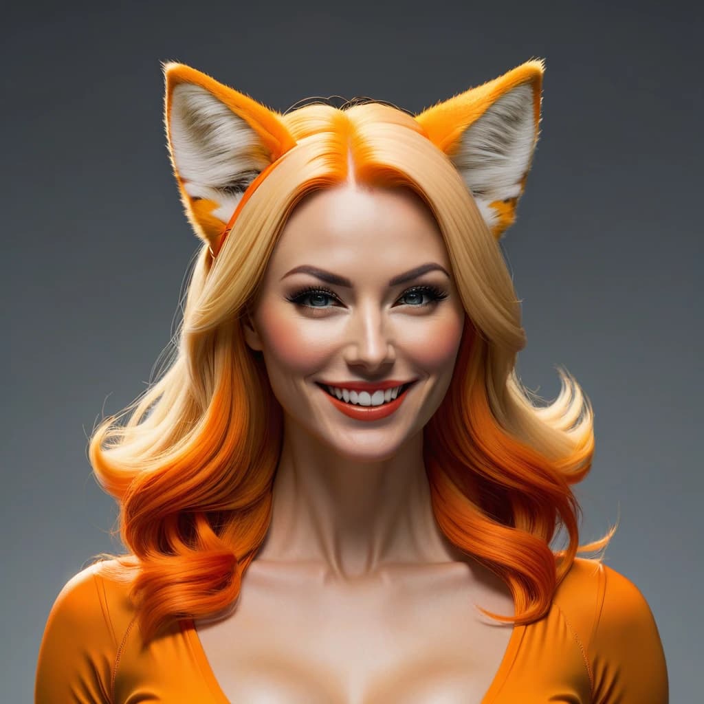 Epic cinematic bust of beautiful blonde woman with orange hair with orange fox ears, smiling, beautiful body, by cedric peyravernay, by jeremy mann, by lecouffe deharme, by alberto vargas, by james gurney, extreme detail, trending on artstation