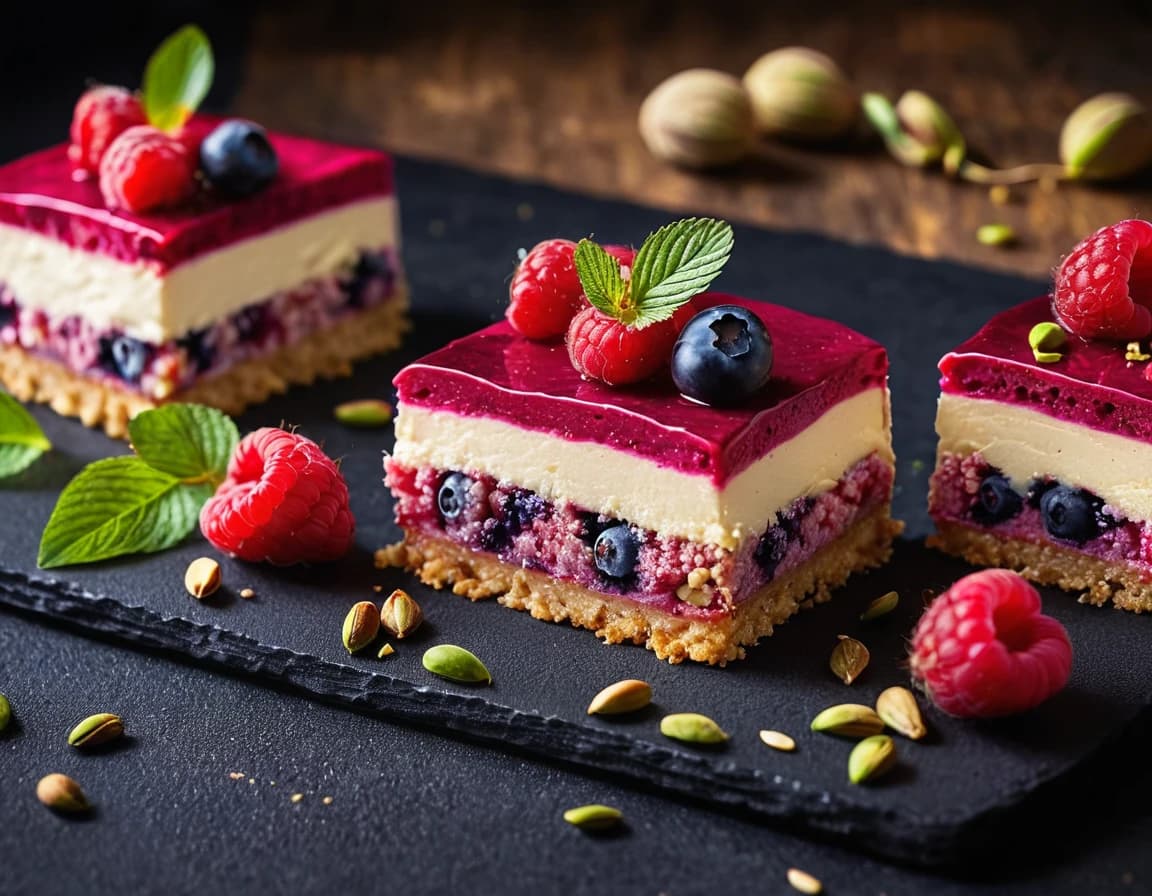 The photo shows 4 pieces of raspberry and blueberry mousse cake on a black surface. The cakes are topped with raspberries and blueberries and some have white chocolate. The pieces look delicious and the crumbs of pistachio and cake add to the composition. A few crumbs are scattered on the surface of the table. This is a close up view of the dessert.