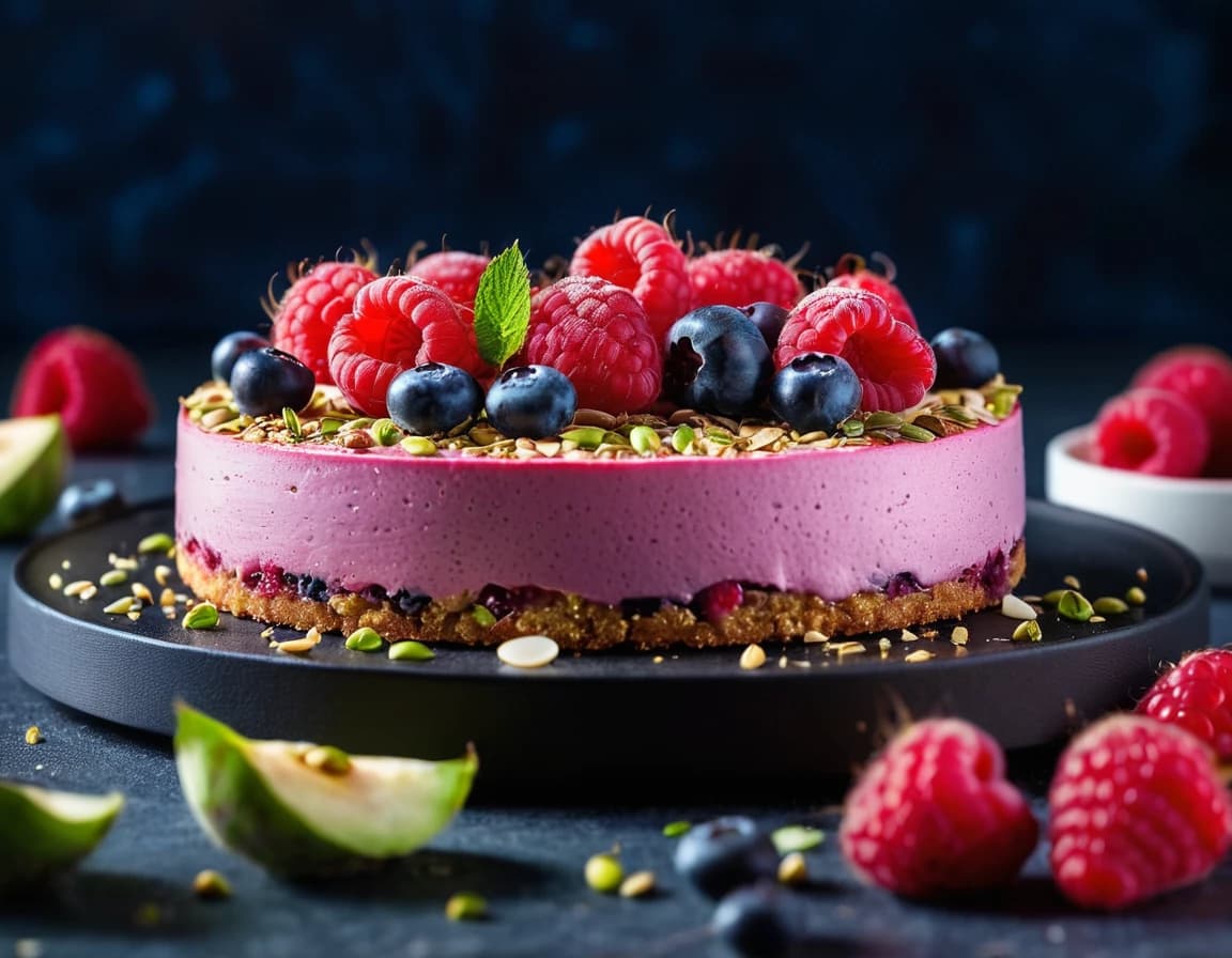 The photo shows 4 pieces of raspberry and blueberry mousse cake on a black surface. The cakes are topped with raspberries and blueberries and some have white chocolate. The pieces look delicious and the crumbs of pistachio and cake add to the composition. A few crumbs are scattered on the surface of the table. This is a close up view of the dessert.