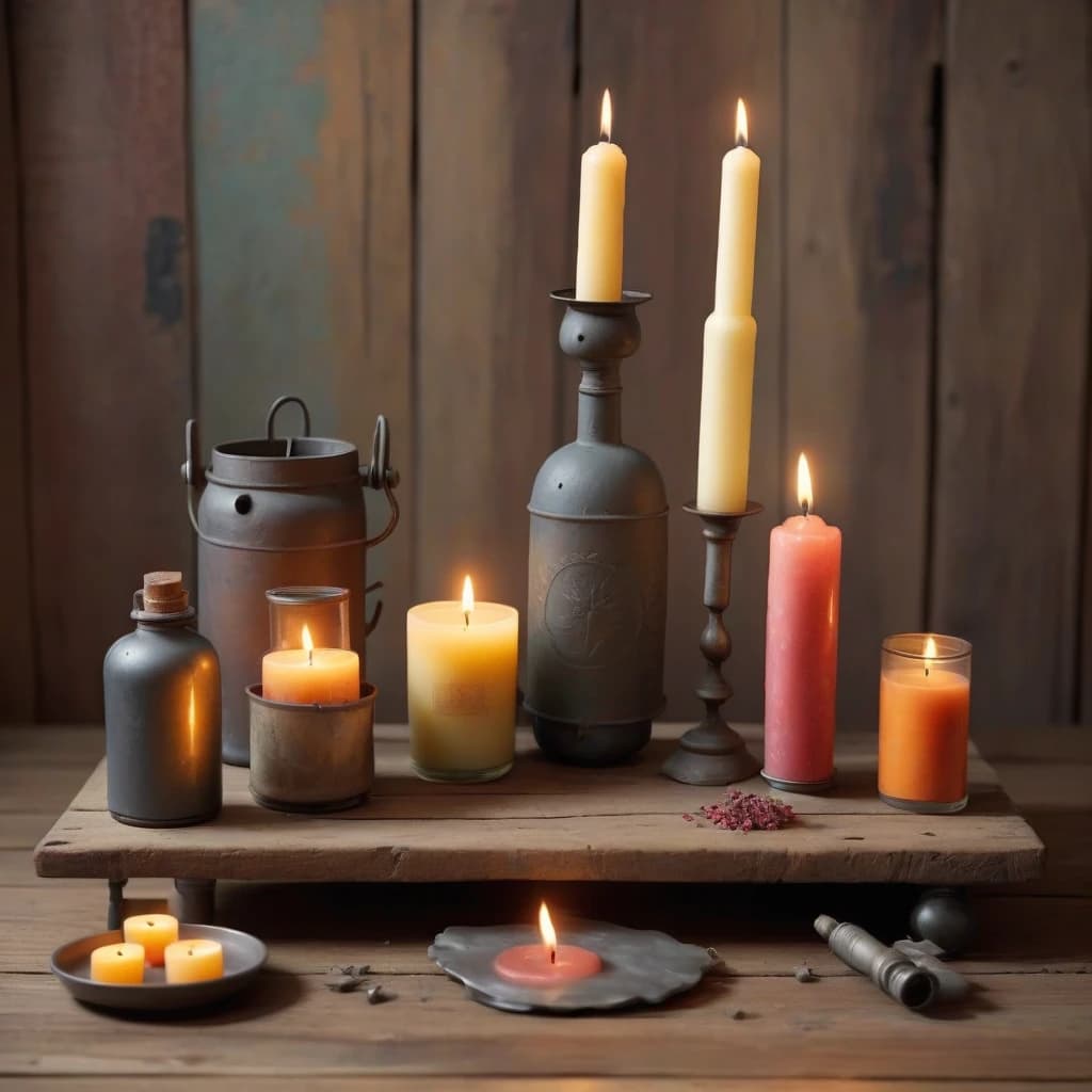 A photo of a table with various ingredients for making candles. There are wax blocks, wicks, and a candle mold. There's also a candle that has already been made. The table has a rustic design with a wooden surface and aged metal legs. A lantern and a bottle of essential oil are placed near the candles. The background is a room with a wooden floor and a wall.