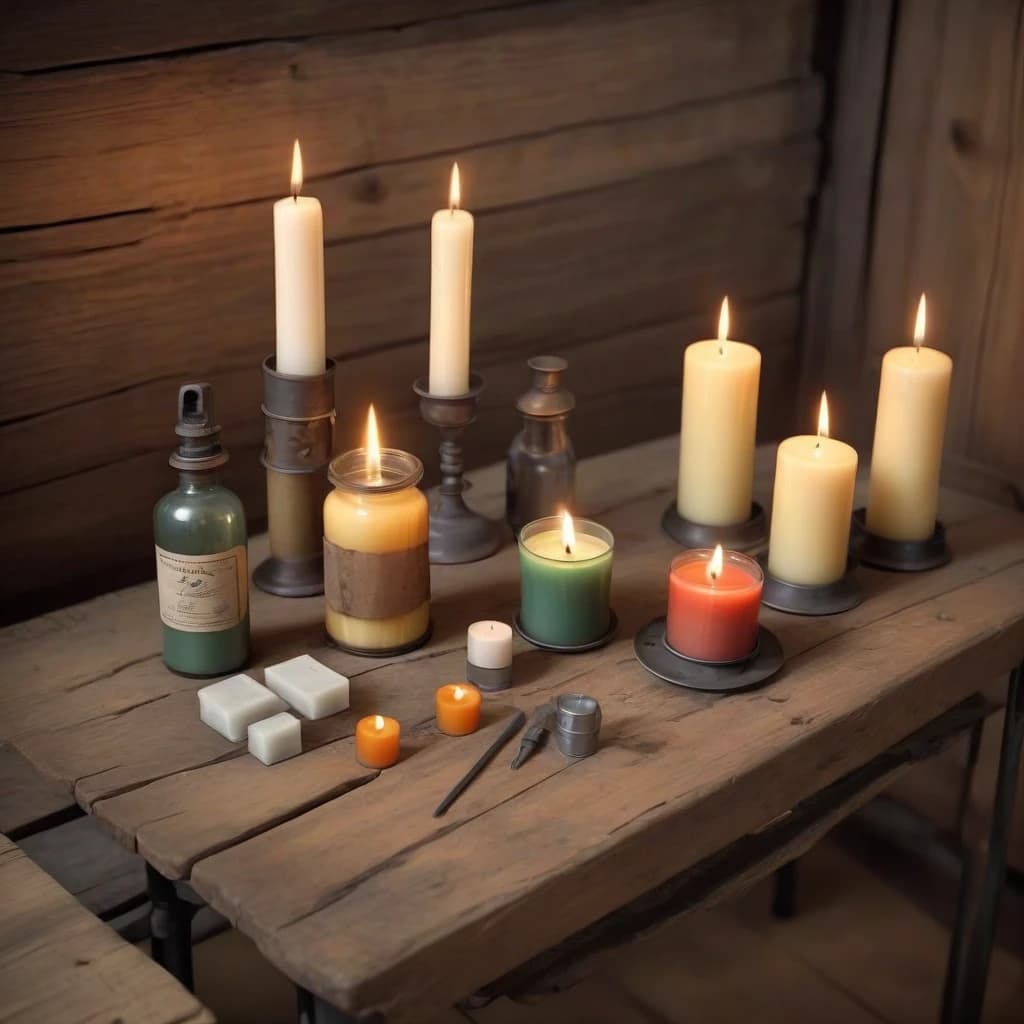A photo of a table with various ingredients for making candles. There are wax blocks, wicks, and a candle mold. There's also a candle that has already been made. The table has a rustic design with a wooden surface and aged metal legs. A lantern and a bottle of essential oil are placed near the candles. The background is a room with a wooden floor and a wall.