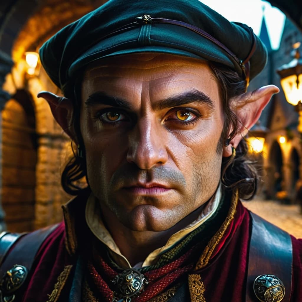 Create an image in a waist-up perspective of a wealthy crime baron: a large, well-fed halfling with a square jaw and cold, steel-like eyes. He resembles a prosperous merchant involved in shady dealings, similar to the baron from The Witcher 3, set in a dark fantasy environment. Focus on facial details and expression conveying cunning and shrewdness, in a dark fantasy art style.