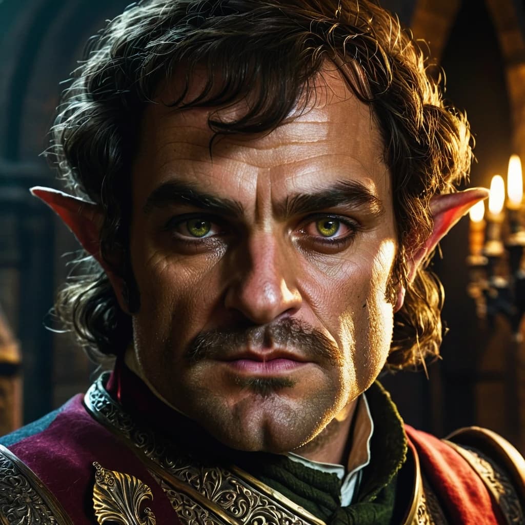 Create an image in a waist-up perspective of a wealthy crime baron: a large, well-fed halfling with a square jaw and cold, steel-like eyes. He resembles a prosperous merchant involved in shady dealings, similar to the baron from The Witcher 3, set in a dark fantasy environment. Focus on facial details and expression conveying cunning and shrewdness, in a dark fantasy art style.