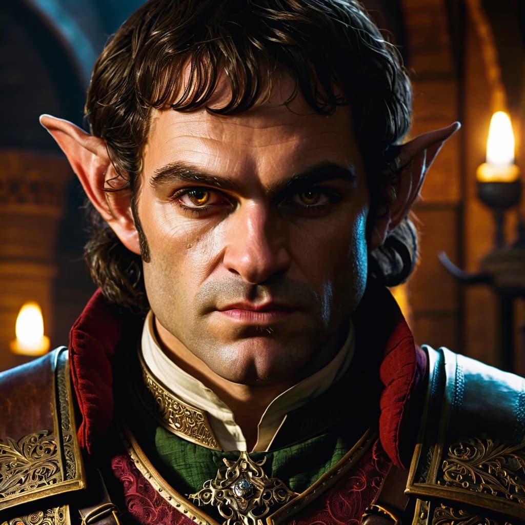 Create an image in a waist-up perspective of a wealthy crime baron: a large, well-fed halfling with a square jaw and cold, steel-like eyes. He resembles a prosperous merchant involved in shady dealings, similar to the baron from The Witcher 3, set in a dark fantasy environment. Focus on facial details and expression conveying cunning and shrewdness, in a dark fantasy art style.