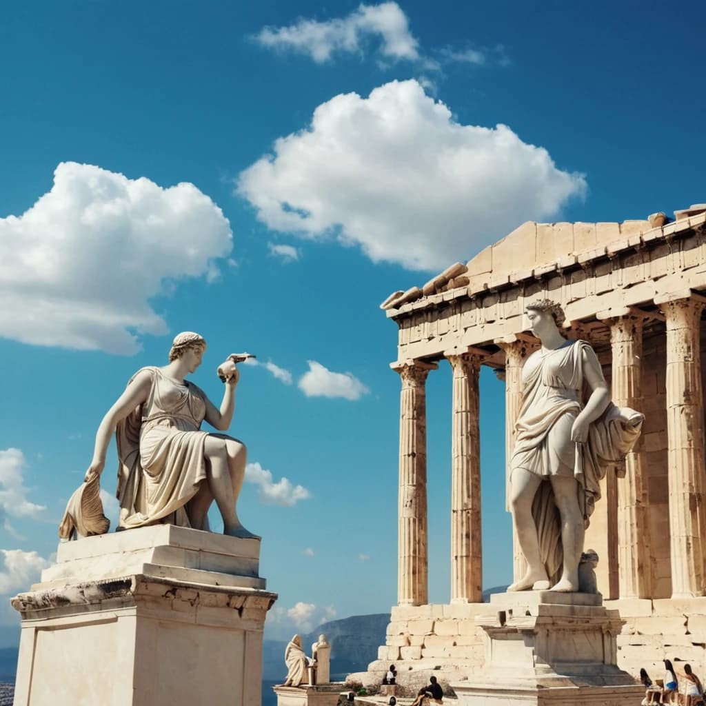 Create an image of ancient greece with two statues of nike shoe, and one statue of iphone in the front. Background should include blue skies with some beautiful white clouds. Also add a few ancient buildings