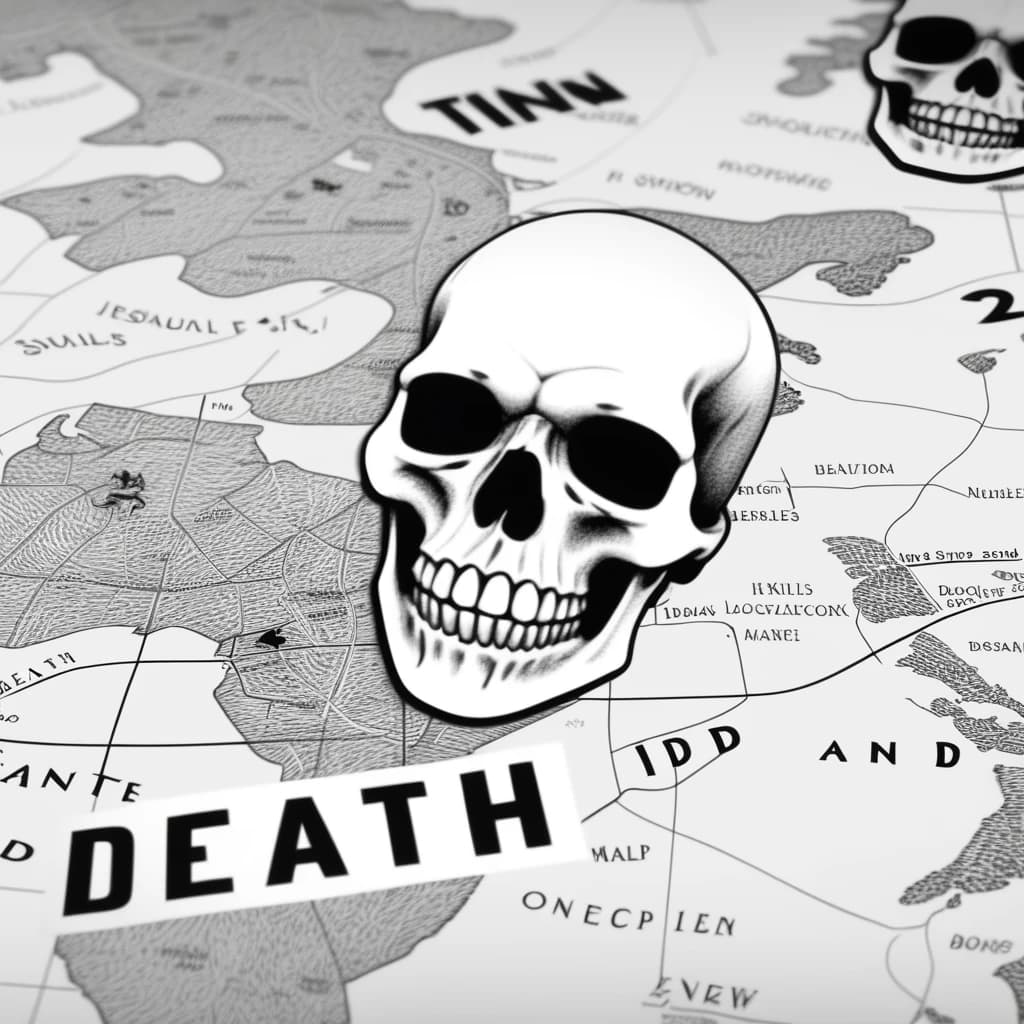 смерть в 2d нарисованная в карте черно-белое фото рядом с черепами