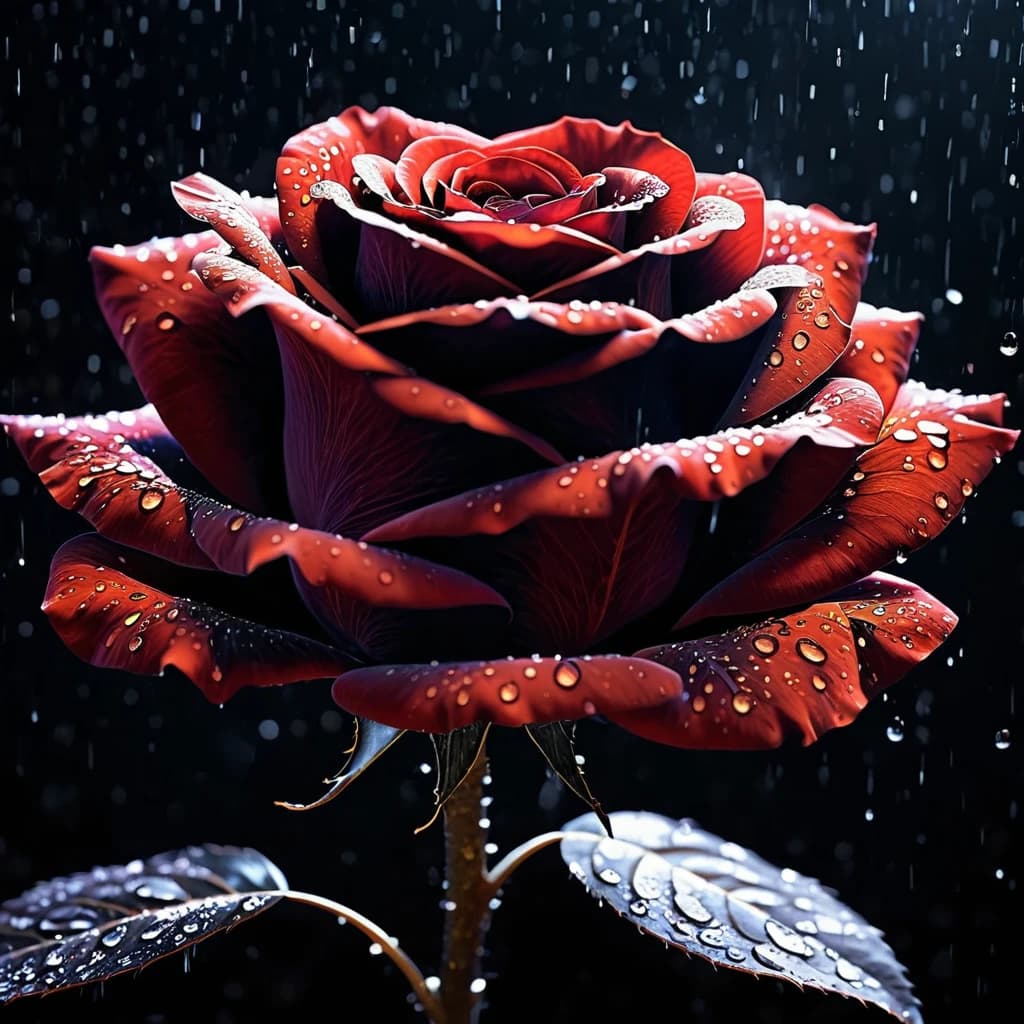 ASCII  Masterpiece, (cosy), (ultra high res, mj,best quality,highly detailed:1.5),(cinematic),(volumetric lighting, volumetric shadows:1.5),Amazing, (8k details),(photorealistic:1.4), (warm lighting,ray tracing,dynamic lighting:1.5),
a black rose up close illuminated by divine grace radiated with ancestral light on a rainy day