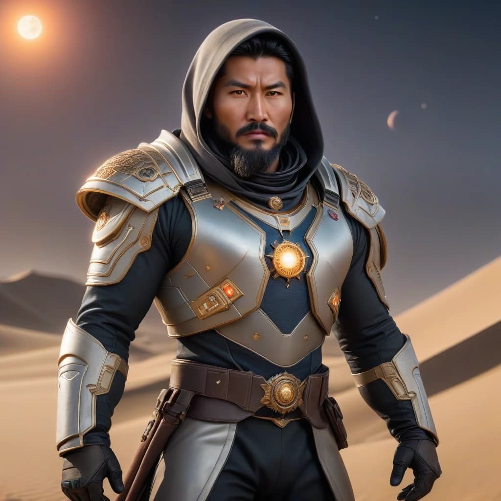 A Kyrgyz hero in national armored clothing stands on top of a dune during sunrise. Male hero, 30-35 years old. Black hair with a beard, courageous and self-confident. There is a large hood on the head. The hero is of Kyrgyz nationality. The hero’s clothes have Kyrgyz national patterns. The hero looks at us intently.