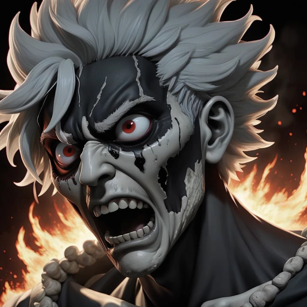 a black and white drawing of a man's face, jujutsu kaisen, closeup of face melting in agony, beautiful and terrifying, fireball lighting her face, kimetsu no yaiba, insanely compelling, the shrike, monstrous skull, epic framing, it kills you instantly, aliased