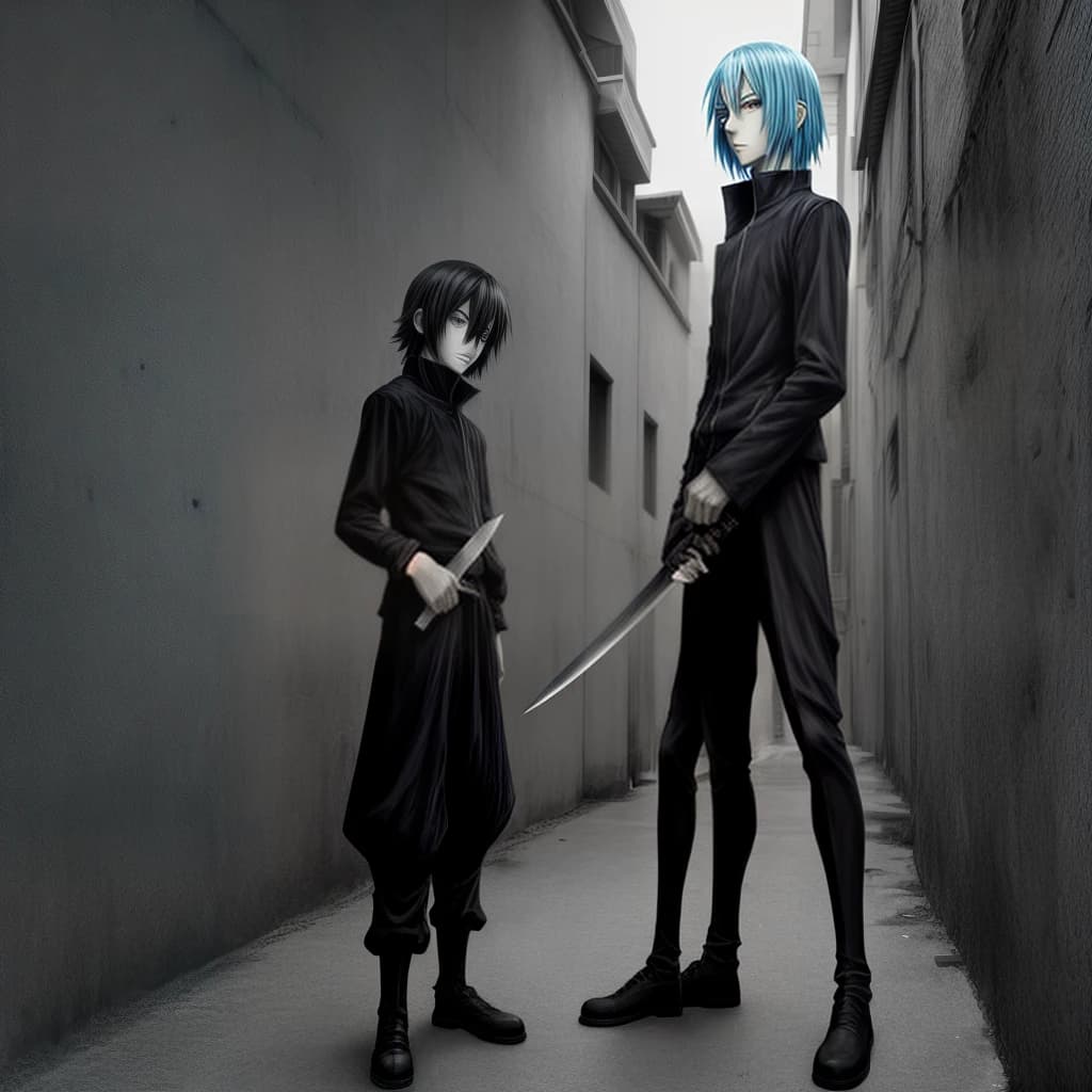 Anime standing around the corner with a full-length knife in the center of the frame in color