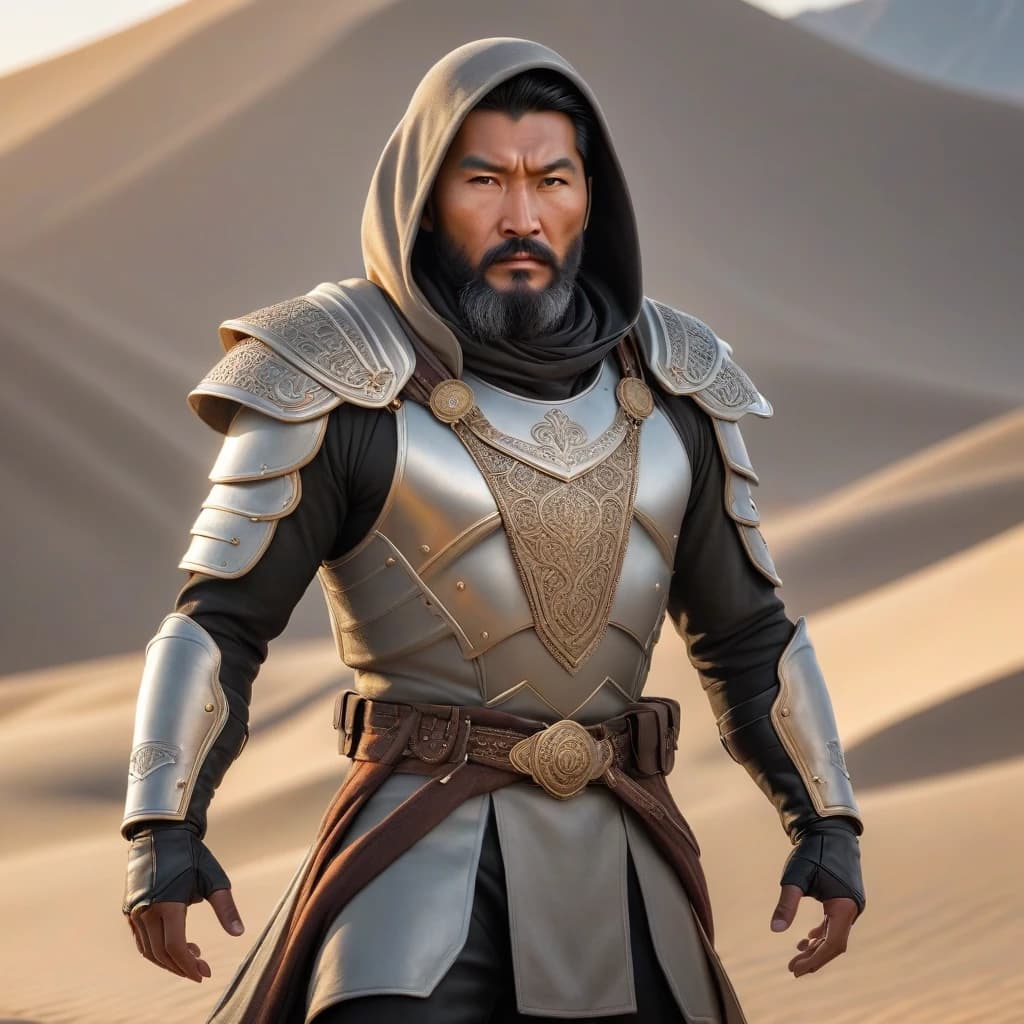 A Kyrgyz hero in national armored clothing stands on top of a dune during sunrise. Male hero, 35-40 years old. Black hair with a beard, courageous and self-confident. There is a large hood on the head. Hero of Kyrgyz nationality. Add some Kyrgyz national patterns to your clothes.