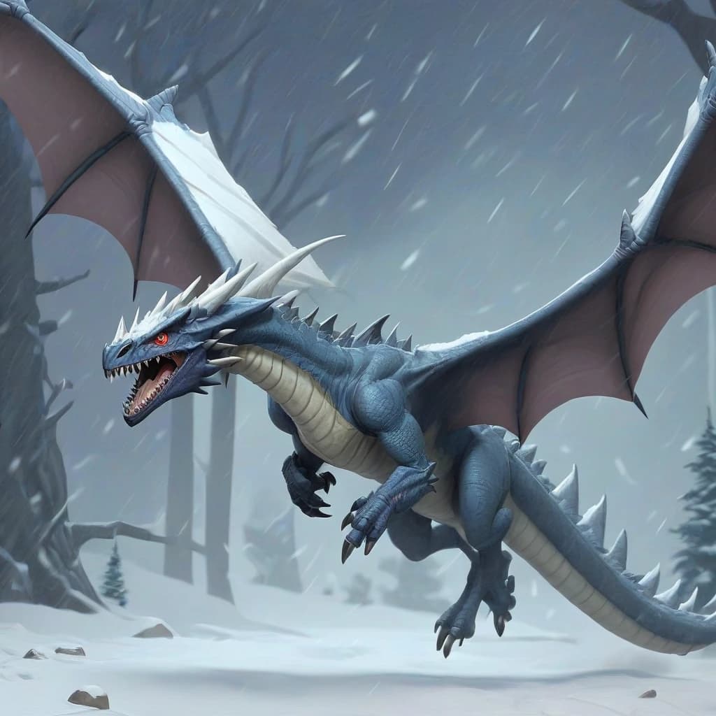 Winter Wyvern Flying in a snowstorm