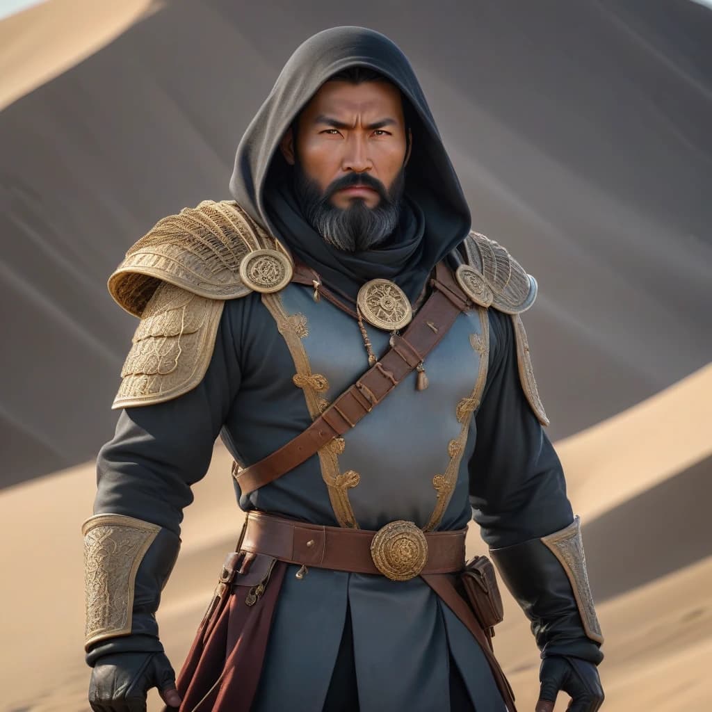 A Kyrgyz hero in national armored clothing stands on top of a dune during sunrise. Male hero, 35-40 years old. Black hair with a beard, courageous and self-confident. There is a large hood on the head. The hero is of Kyrgyz nationality. The hero’s clothes have Kyrgyz national patterns. The hero looks at us intently. Dark colored clothing.