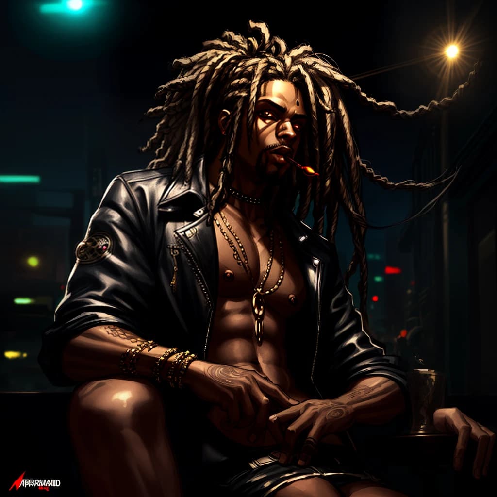 fat black rastafarian lounging in a hookah bar and smoking, cyberpunk street theme, smoky look, clouds of smoke, (((masterpiece))), ((best quality)), ((intricate detailed)), ((Hyperrealistic)), black skin, highly detailed, illustration,  detailed fingers,s, beautiful detailed eyes, detailed face, handsome man face, black dreadlocks,  (cyberpunk:1.2), detailed background, hookah smoke in the background, neon lights, lens flare, menacing look, looking at the viewer
