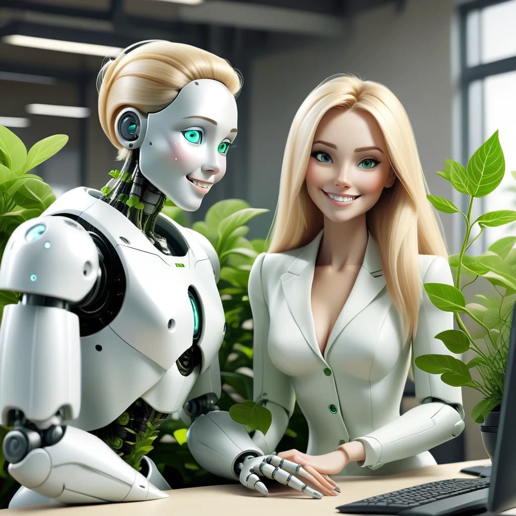 The robot and the beautiful woman with blonde hair are working successfully together at the computer. Both the robot and the woman look friendly and are smiling. They eare working in the office with green plants around. Superrealism. High quality