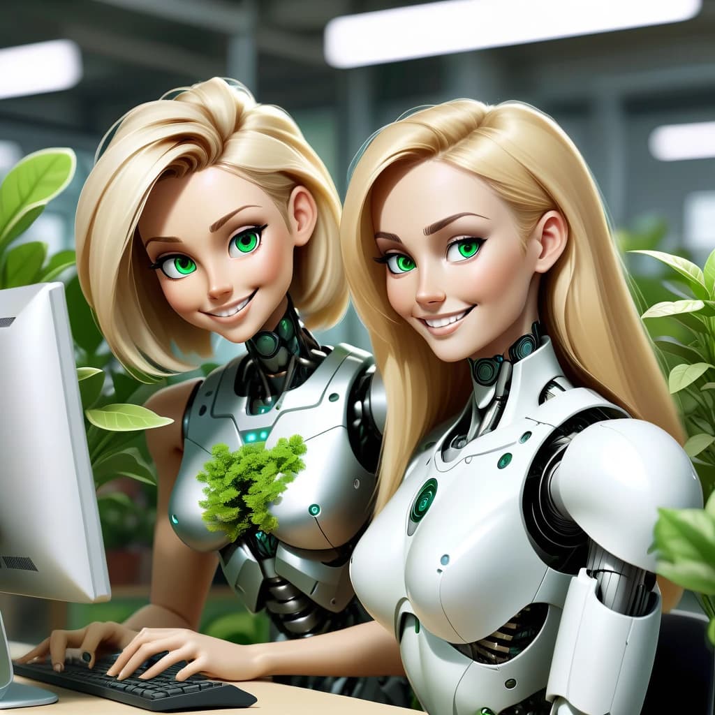 The robot and the beautiful woman with blonde hair are working successfully together at the computer. Both the robot and the woman look friendly and are smiling. They eare working in the office with green plants around. Superrealism. High quality