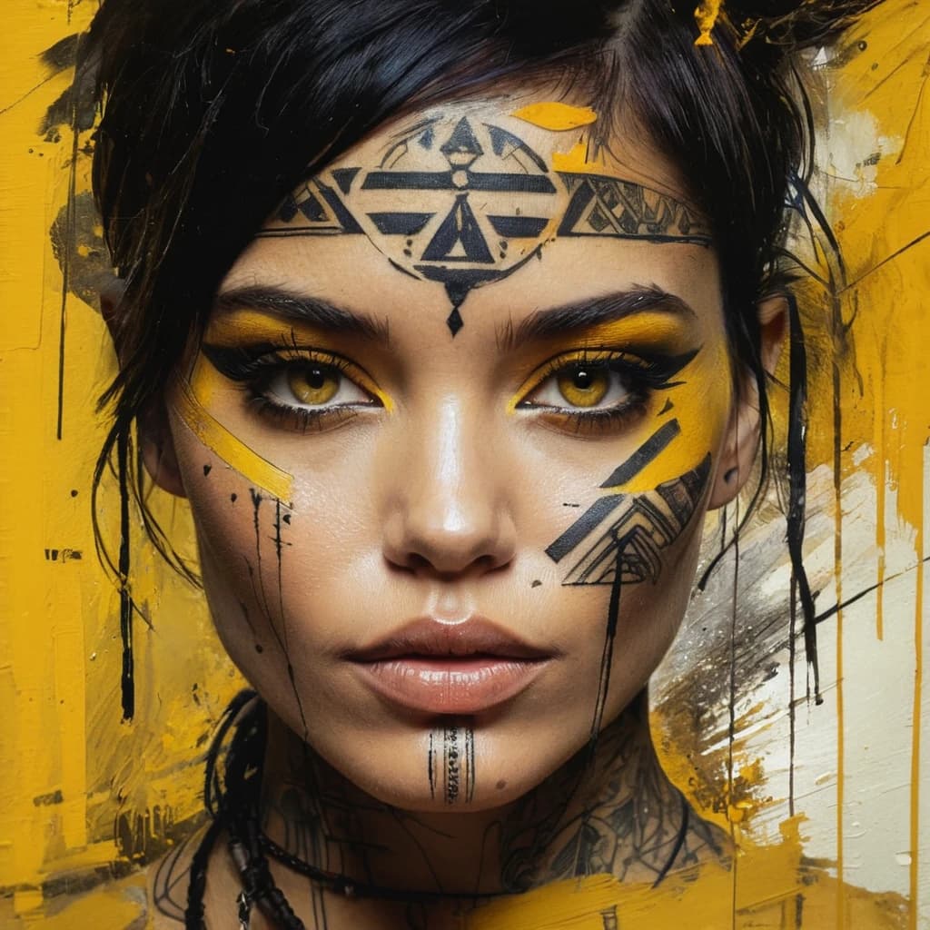 Impressionist crayon painting by Russ Mills, a close up portrait of woman's face, tattooed face, occult signs, yellow lively eyes, egyptcore, splash art, energetic brush strokes, gloomycore, extremely best quality, awarded masterpiece