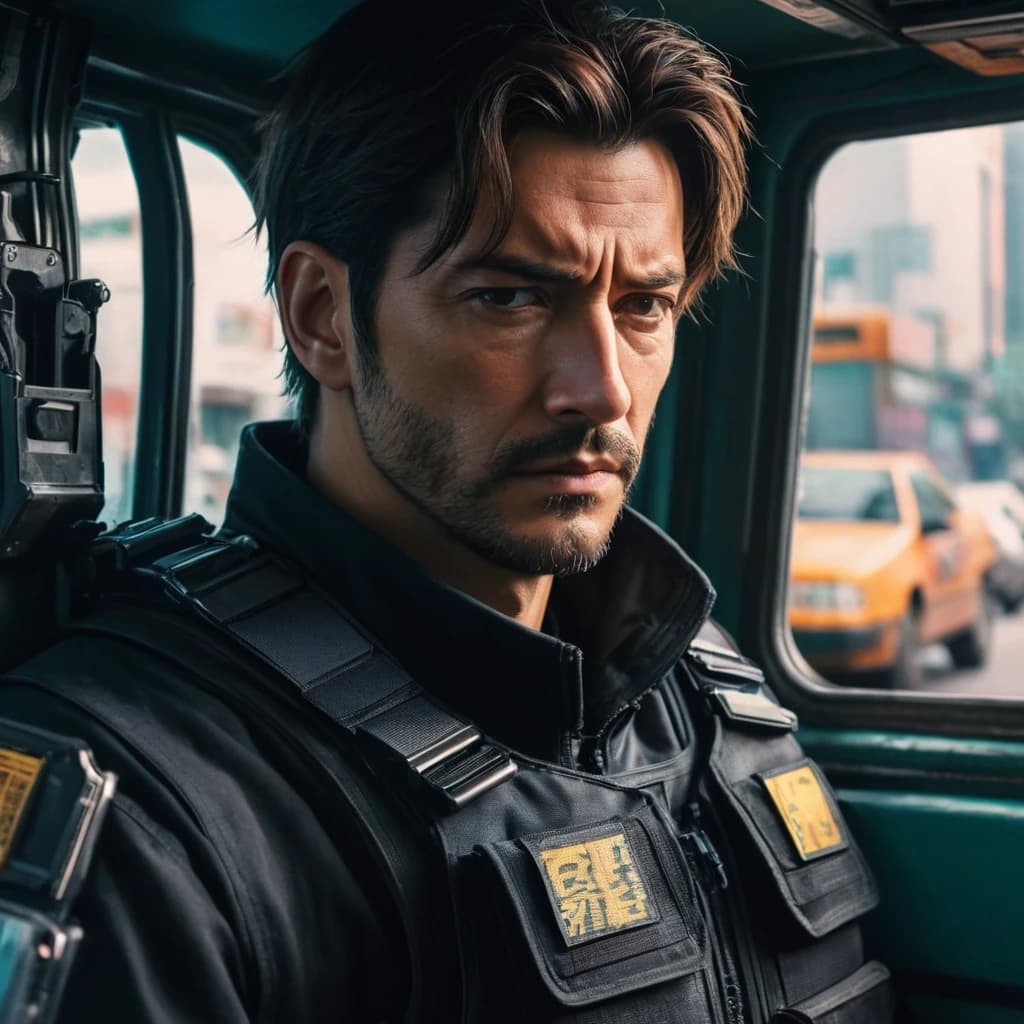 A 40-year-old man, tired but kind eyes, in black gear with a bulletproof vest, a pistol on his hip in a cab. In the style of cyberpunk