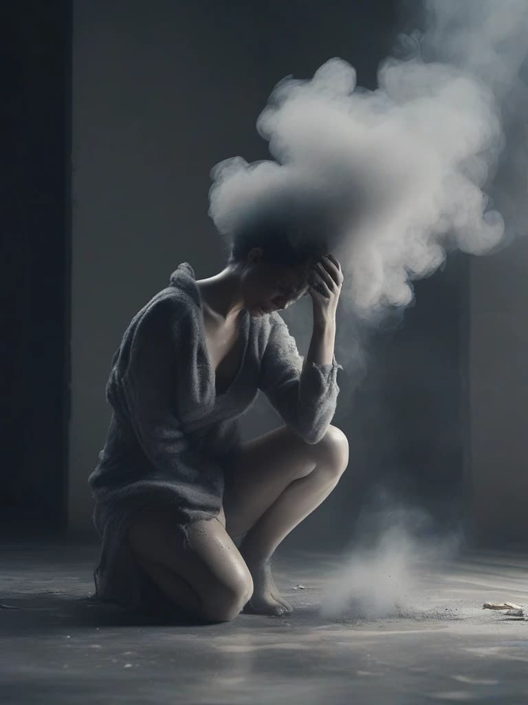 Grey thick smoke in smooth tones depicts a melting figure of a woman against a wall background with smoke streaming down it, holding onto her own self. The woman is kneeling and crying loudly, a dramatic expression on his face. Strong contrast of dramatic colors, 4k, high quality and detail. Flickering light, perfect composition, beautifully detailed intricate insanely detailed octane render trend on artstation, 8 k art photography, photorealistic concept art, soft natural volumetric cinematic perfect light, chiaroscuro, award - winning photograph, masterpiece, oil on canvas, raphael, caravaggio, greg rutkowski, bipple, bexinski, hyger