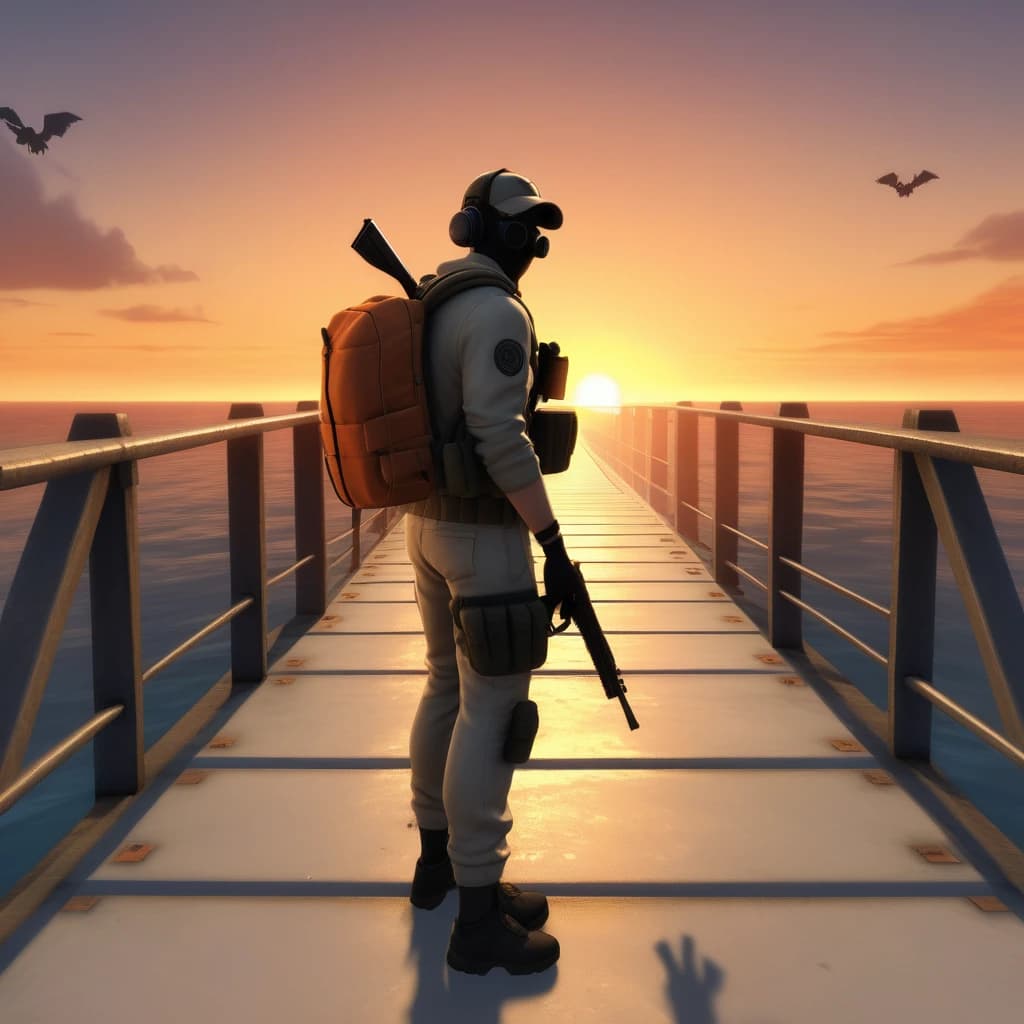Here is the image based on your description. It features a character from the game "CS:GO" standing with a gun and a backpack, facing away from the screen, standing on a bridge and looking at the sea, where an orange sunset is fading. The sun is setting, a bonfire is burning on the seashore, there is a bit of smoke around, creating a sad atmosphere of the passing day. The sun is big, the sky is in mourning, birds are flying in the distance, bullet shots are visible in some parts of the screens, broken glass. The image has a resolution of 16:9.