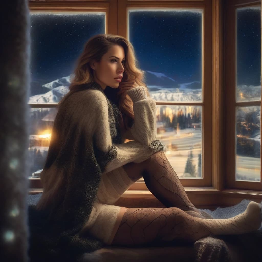 An ultra hot gorgeous European woman, age 23, sitting on a window sill wearing stockings. Through the window a winter starry night, snowy village, northern lights.Beautiful legs, on the lap, Engaging pose, hugging her knees, pantyhose tights, Beautiful girl squatting,