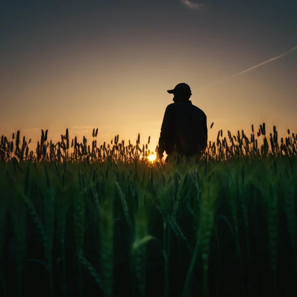 black silhouette stands in a wheat field with his back, dark ambient, green neon, sunset,