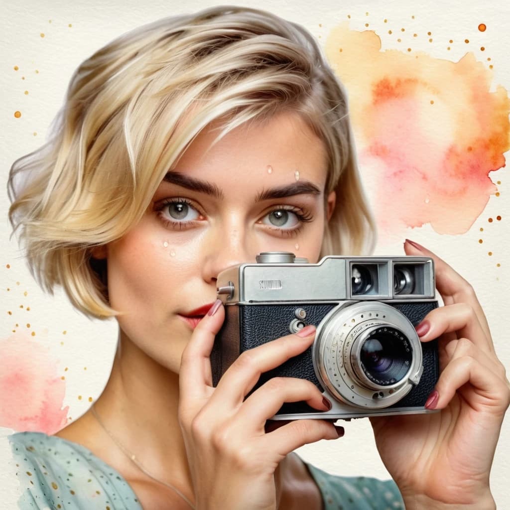 Женщина блондинка с короткой стрижкой с ретро-фотоаппаратом, смотрит в видоискатель, светлый фон, рисунок акварелью, капли акварели, воздушно, лёгкость