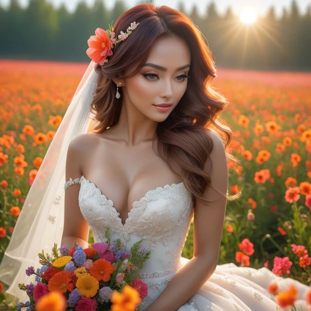(best quality,4k,8k,high resolution,masterpiece:1.2),Super detailed,(actual,photoactual,photo-actual:1.37),Colorful flower field,Beautiful girl in wedding dress, dreamy atmosphere, sweet and happy, soft sunshine, brigh