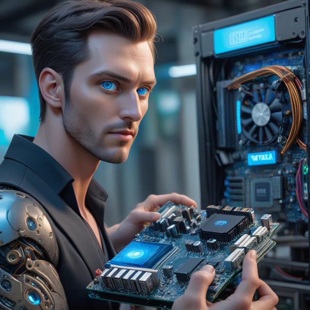 elegant man holding a computer motherboard in his hand, white skin, blue eyes, highly detailed, digital painting, artstation, concept art, smooth, sharp focus, illustration, Unreal Engine 5, 8K