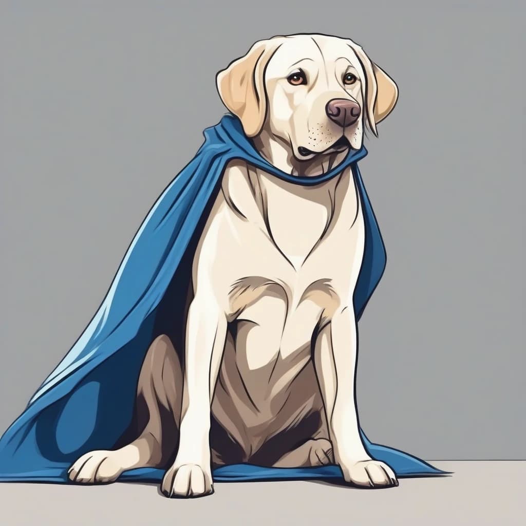 Labrador sits, on his back there is a blue cape for dogs, cartoon style, simple style