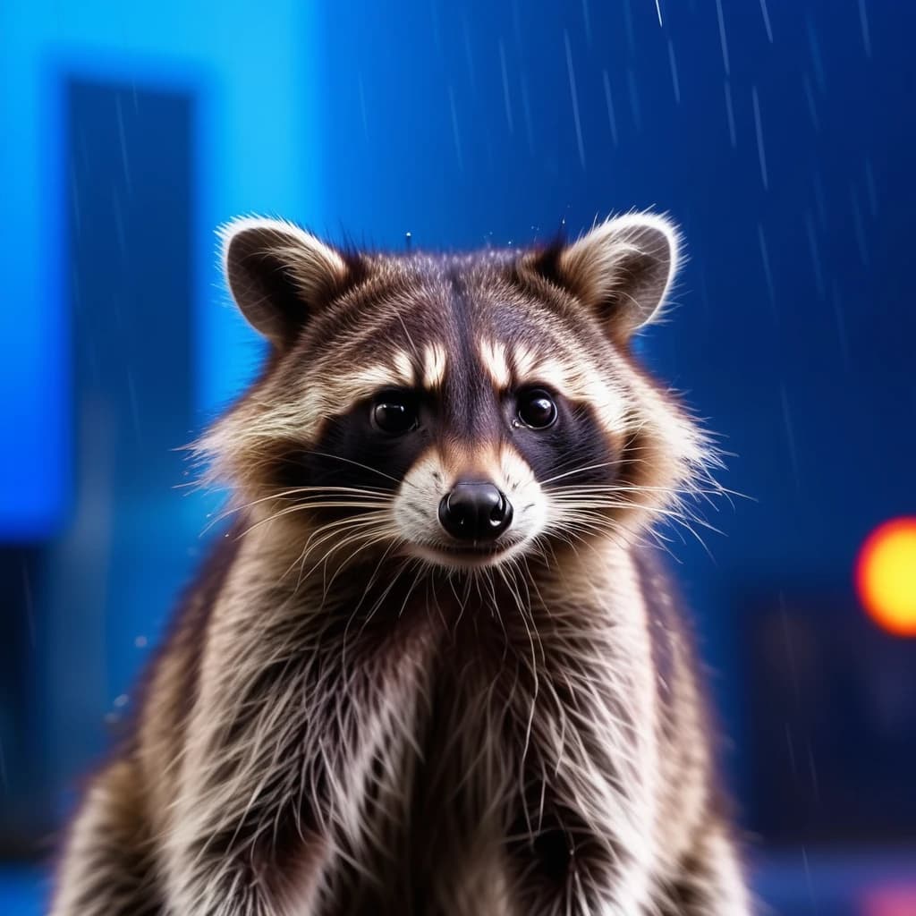 Raccoon looks away, blue rays on neon background, in the rain