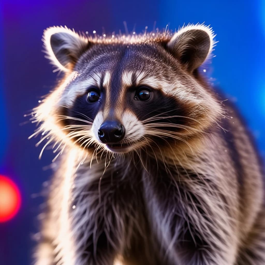 Raccoon looks away, blue rays on neon background, in the rain