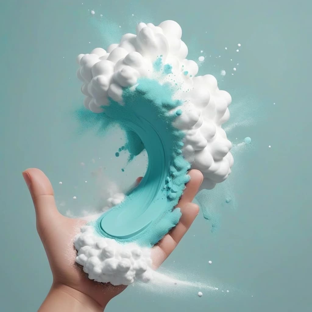 слово TALC, написанное бирюзовыми буквами, рассыпается на белый порошок по краям на белом фоне,  красиво, завораживающе, привлекательно, с яркими запоминающимися деталями, привлекательный рисунок бирюзовых рассыпающихся букв на белом фоне, artstation, рисунок большими формами