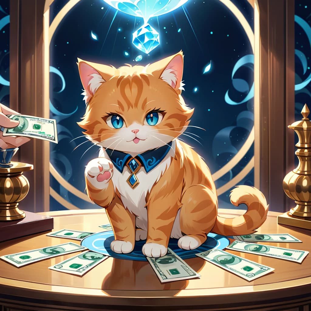 ginger cat holding a wad of money in his paw