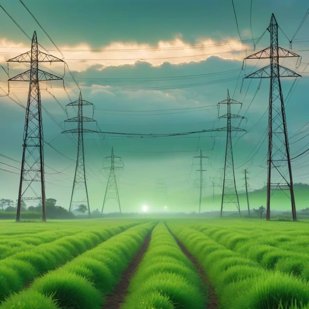 a field of green grass with power lines in the background, vector technical documents, electrons, panoramic photography, unsplash, visible sky and humid atmosphere, totalitarian setting, high voltage, connected, rustic yet enormous scp (secure, oil lines, hdpe, round-cropped
