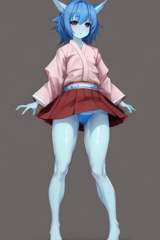 a full length adult japanese girl in a very short skirt from under which the glutes are visi and blue hair