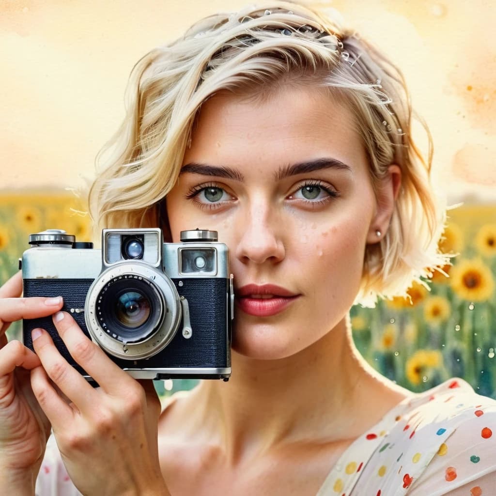 Женщина блондинка с короткой стрижкой с ретро-фотоаппаратом, смотрит в видоискатель, светлый фон, рисунок акварелью, капли акварели, воздушно, лёгкость