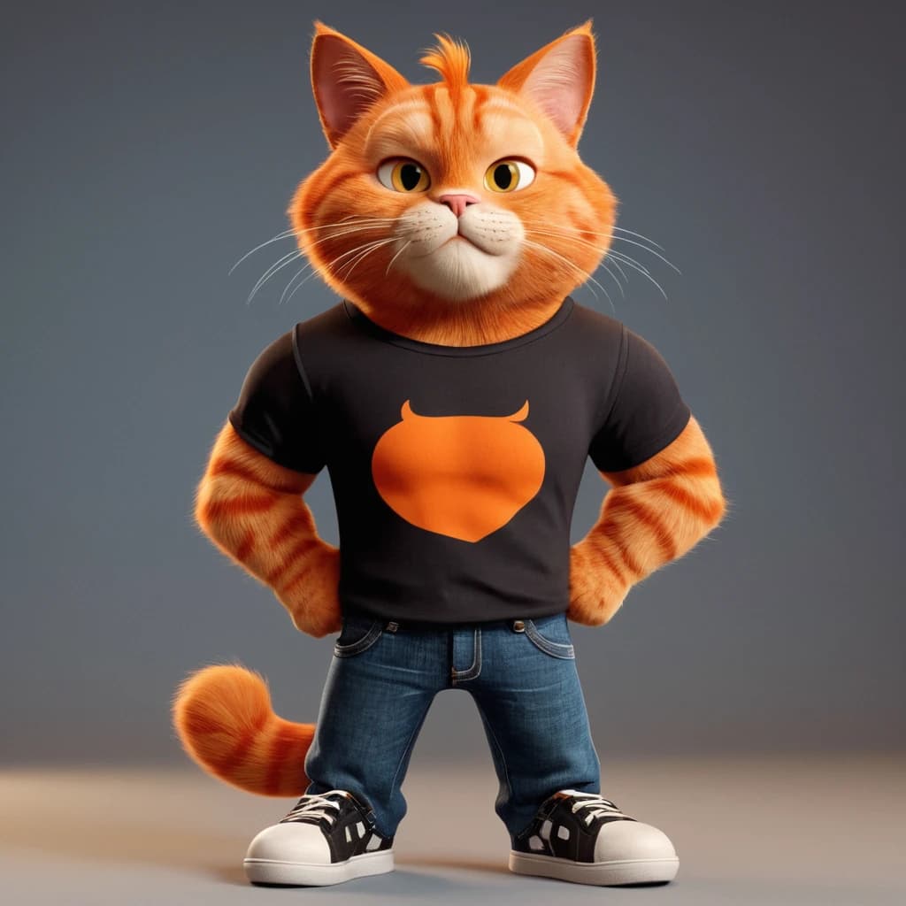 Disney 3d cartoon style, anthropomorphic orange cat man with confident face, very huge,muscular and estatic body dressed in a black T-shirt (with no logo) , jeans and sneakers