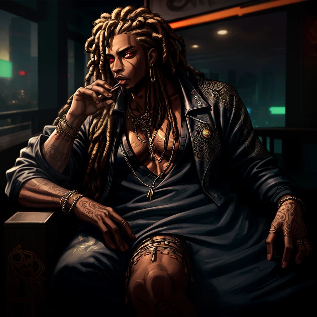 fat black rastafarian lounging in a hookah bar and smoking, cyberpunk street theme, smoky look, clouds of smoke, (((masterpiece))), ((best quality)), ((intricate detailed)), ((Hyperrealistic)), black skin, highly detailed, illustration,  detailed fingers,s, beautiful detailed eyes, detailed face, handsome man face, black dreadlocks,  (cyberpunk:1.2), detailed background, hookah smoke in the background, neon lights, lens flare, menacing look, looking at the viewer