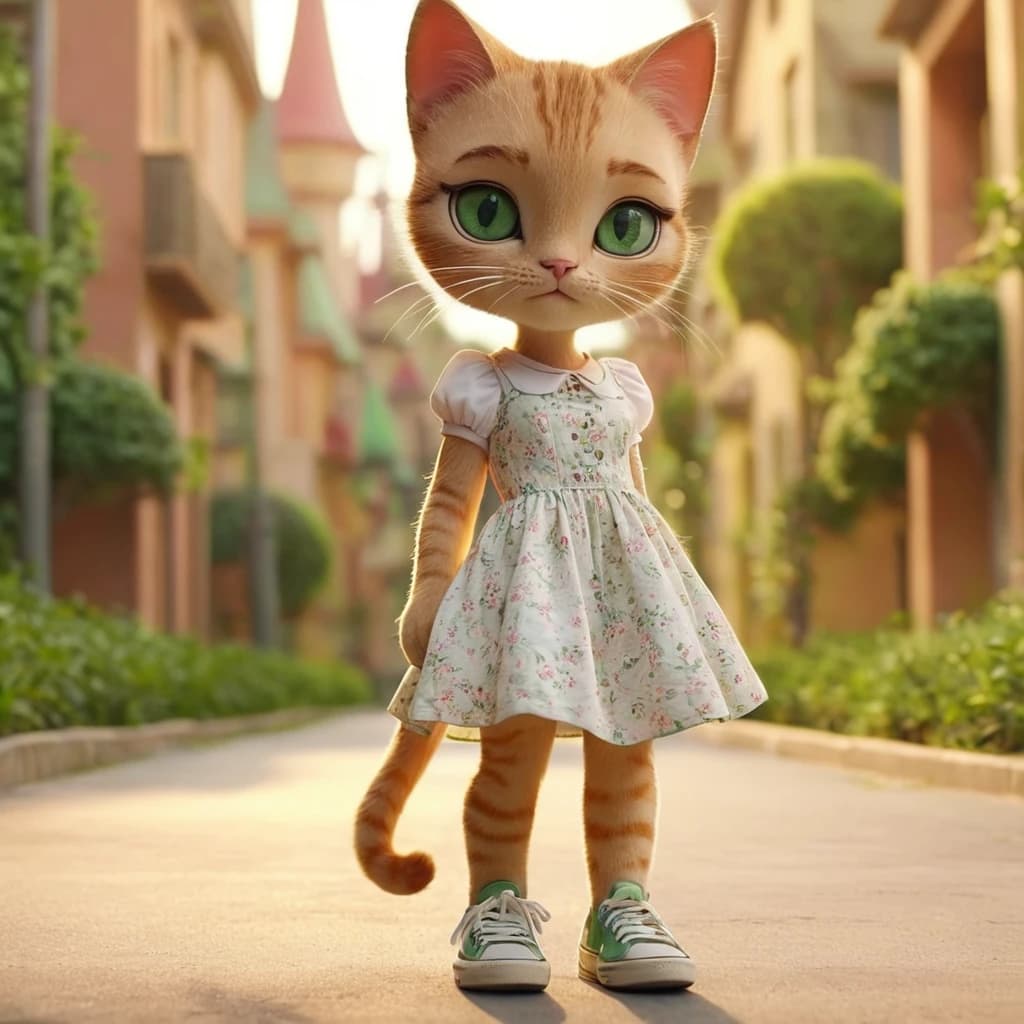 A cute humanoid girl cat, with big green eyes,sexy woman figure, dressed in dress and sneakers, Disney cartoon style