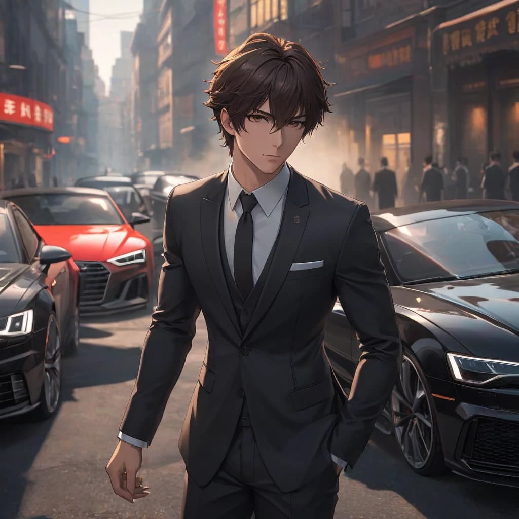 Brown-eyed brunette man in a classic black suit in a black Audi